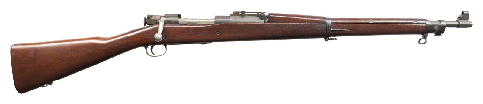 U.S. SPRINGFIELD M2 BOLT-ACTION 22 RIFLE.: Cal. 22 LR. S# 20647. Bbl. 24". Barrel marked behind front sight "SA / flaming bomb / 6-42". Ladder rear sight graduated to 2,850 yards with volley notch. Blade front sight with protective sheet metal