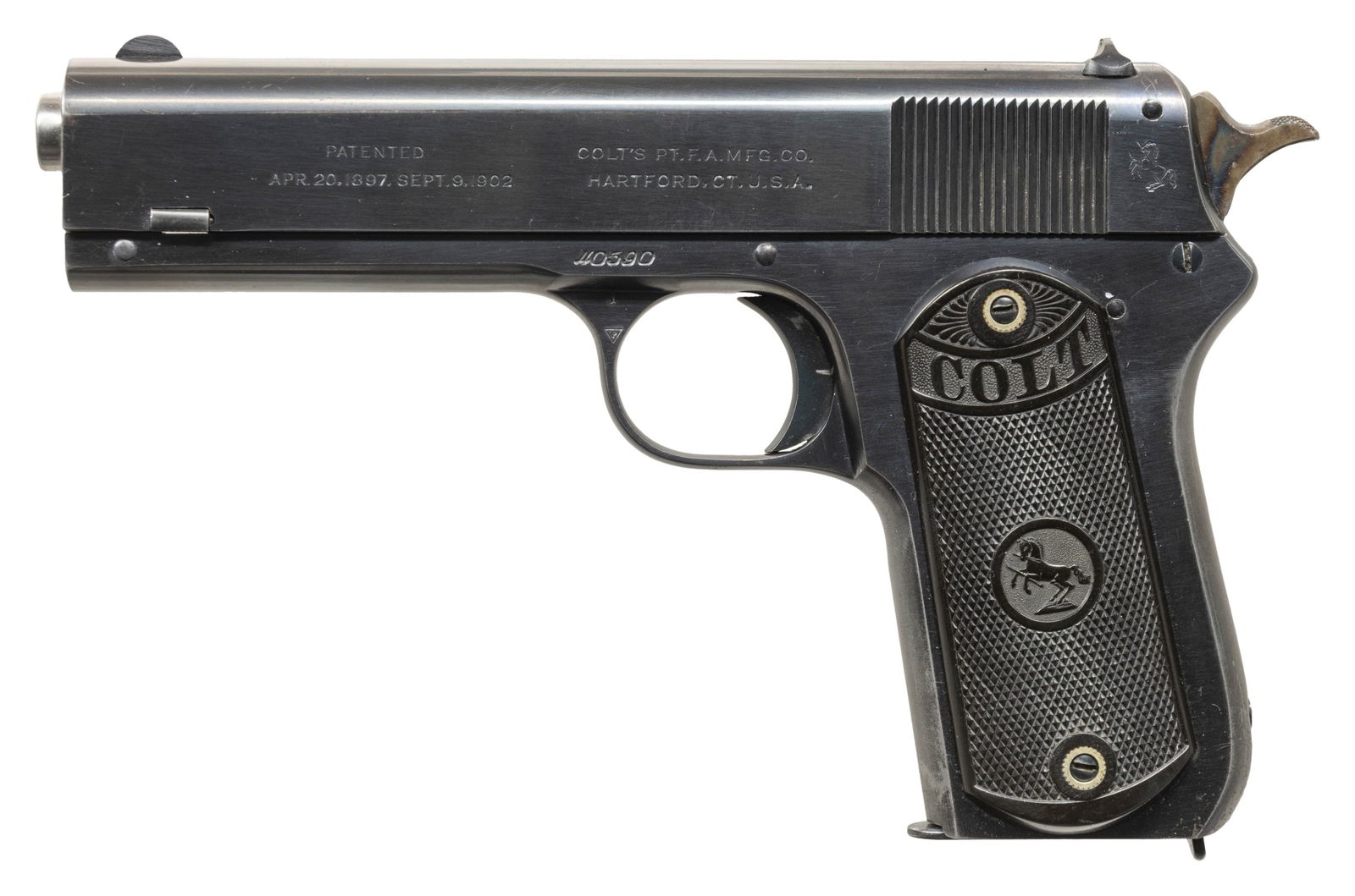ATTRACTIVE COLT MODEL 1903 POCKET HAMMER: SEMI-AUTOMATIC PISTOL. Cal. 38 Rimless. S# 40590. Bbl. 4 1/2". Model 1903 Pocket Hammer semi-automatic pistol mfg. by Colt in 1919.Left side of the slide is marked with Colt's patent and mfg. informat