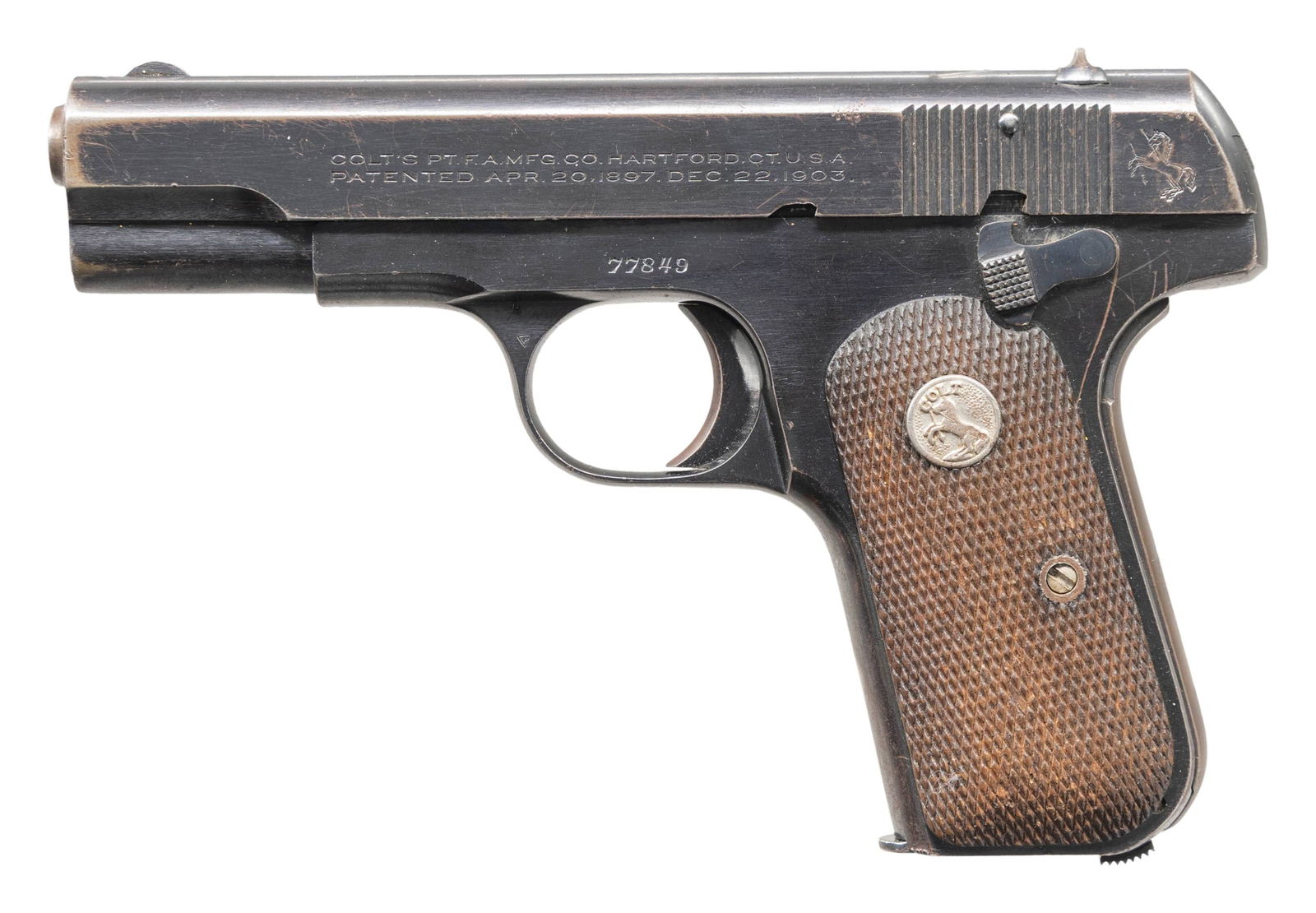 COLT MODEL 1908 HAMMERLESS SEMI-AUTOMATIC PISTOL.: Cal. 380 Auto. S# 77849. Bbl. 3 3/4". Model 1908 Hammerless semi-automatic pistol mfg. by Colt in 1926. Left side of the slide is marked with Colt's 2-line mfg. and patent information, followed by the