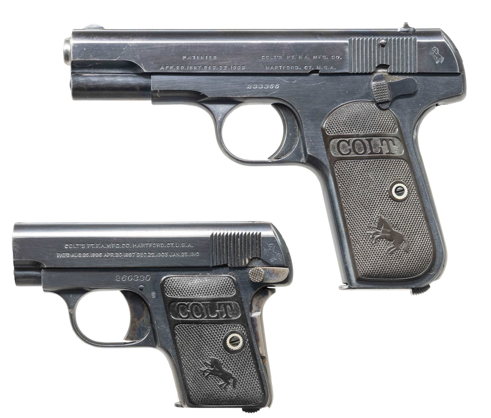 PAIR OF COLT MODEL 1908 VEST POCKET & MODEL 1903: HAMMERLESS SEMI-AUTOMATIC PISTOLS. 1) COLT MODEL 1908 VEST POCKET SEMI-AUTOMATIC PISTOL. Cal. 25 ACP. S# 260330. Bbl. 2 1/8". Model 1908 Vest Pocket semi-automatic pistol mfg. by Colt in 1920. Left