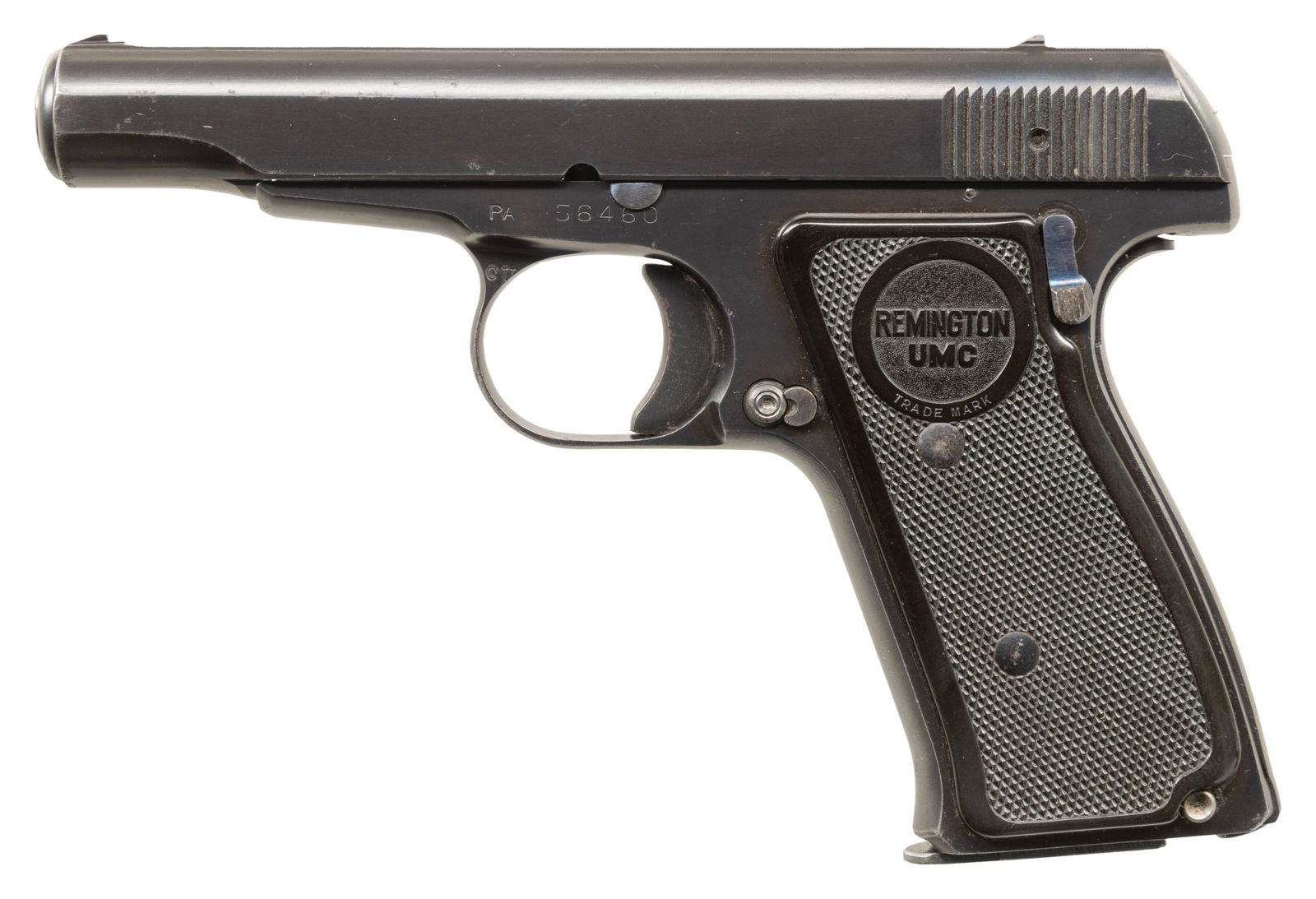 REMINGTON MODEL 51 SEMI-AUTOMATIC PISTOL WITH: FACTORY BOX. Cal. 380 ACP. S# PA56460. Bbl. 3 3/8". Model 51 semi-automatic pistol mfg. by Remington in April of 1927. Top of slide is marked with Remington's 2-line mfg. and patent information across
