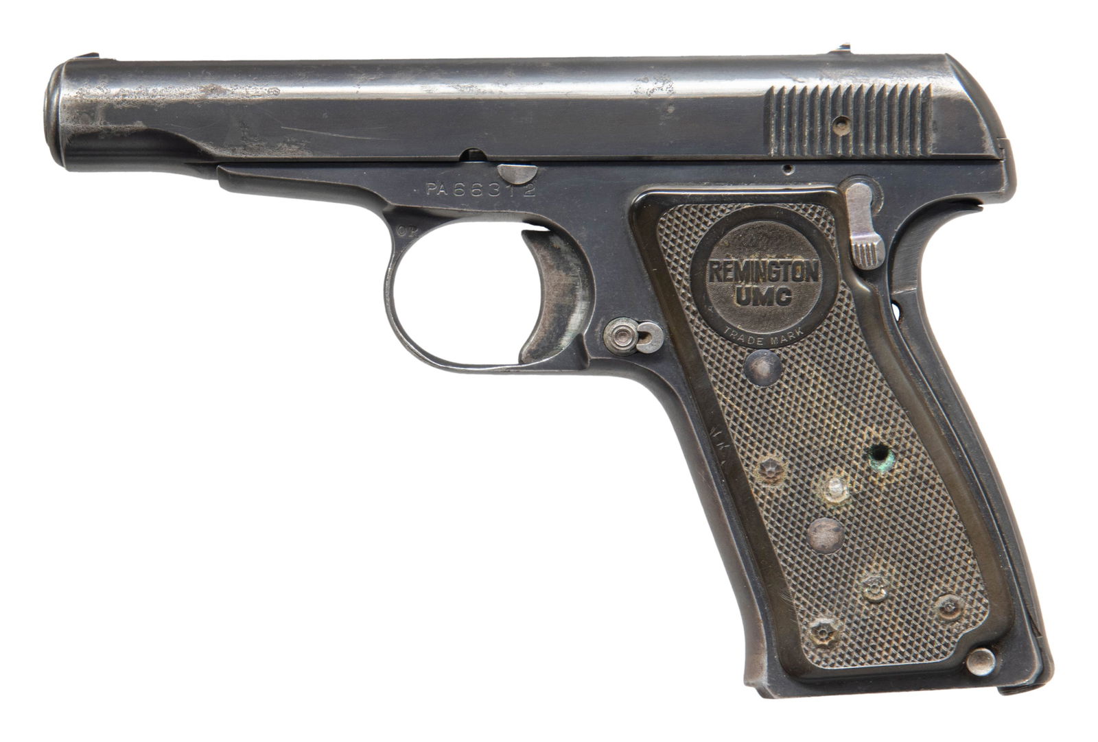 REMINGTON MODEL 51 SEMI AUTO PISTOL.: Cal. 32 ACP. S# PA66312. Bbl. 3 1/2". Short blade front sight. Low profile square notch rear sight. Second variant with 15 slide serrations & Remington logo on right side of frame. Grip safety