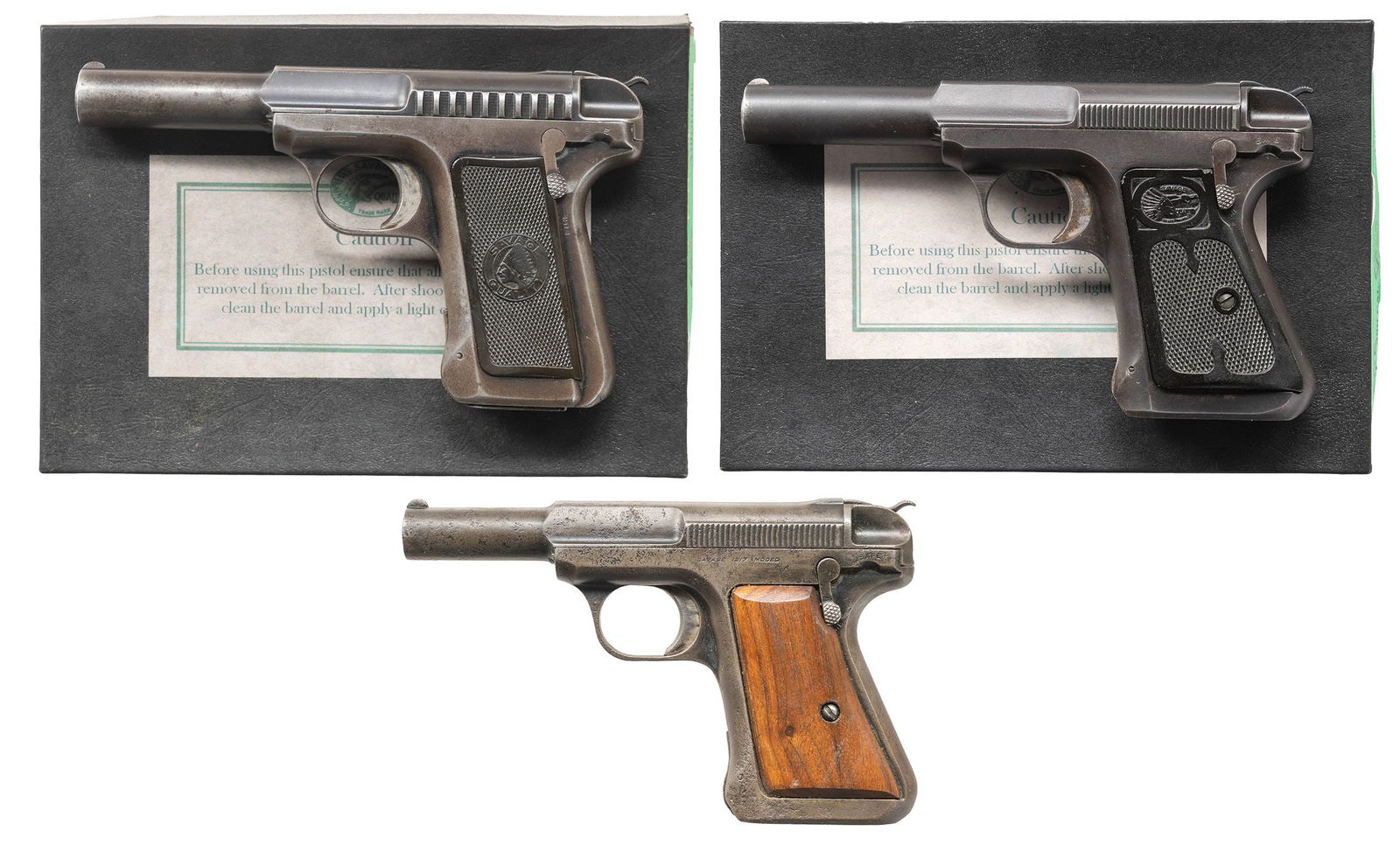LOT OF 3 SAVAGE SEMI-AUTOMATIC PISTOLS.: 1) SAVAGE MODEL 1907 SEMI-AUTOMATIC PISTOL WITH REPRODUCTION BOX. Cal. 380 ACP. S# 29229B. Bbl. 4 1/4". Model 1907 semi-automatic pistol mfg. by Savage Arms Corp. Top of the slide is marked with Savag