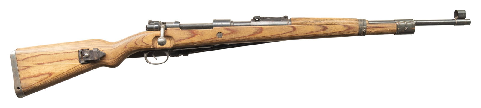 LATE WAR (SWP45) K98K BOLT ACTION RIFLE.: Cal. 8x57 (8mm Mauser). S# 55684a. Bbl. 23 1/2". Standard K98k style sights with hooded front. Bolt handle & shroud are matching but appear renumbered without "63" inspection stamps. Other visible par
