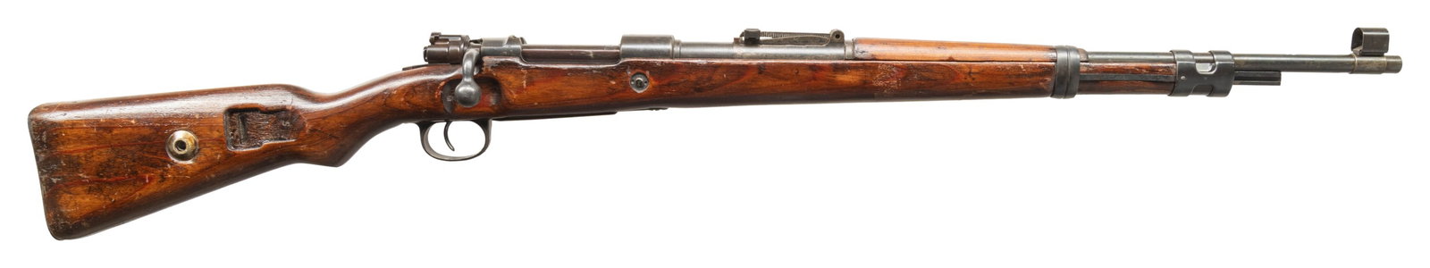 WW2 GERMAN K98K (BYF43) BOLT ACTION RIFLE.: Cal. 8x57 (8mm Mauser). S# 8005a. Bbl. 23 1/2". Standard K98k style sights with replacement front sight hood. Matching numbers on receiver, bolt release & rear sight parts. Other visible parts are mis