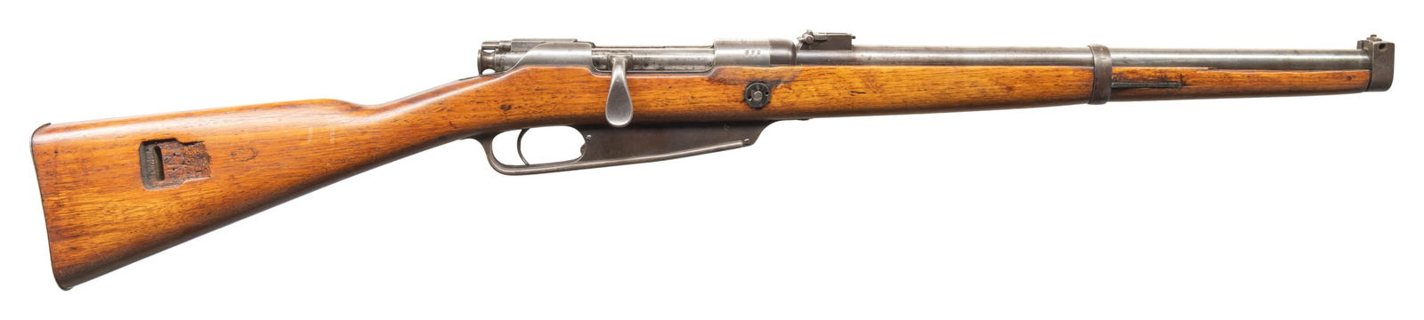 GERMAN VCS KAR 88 BOLT ACTION CARBINE.: Cal. 8x57. S# 8704f. Bbl. 18". Replacement brass bead front sight with ground ears. Ladder rear sight graduated to 1200m. Bolt head is unnumbered & action screws are later replacements but all other v