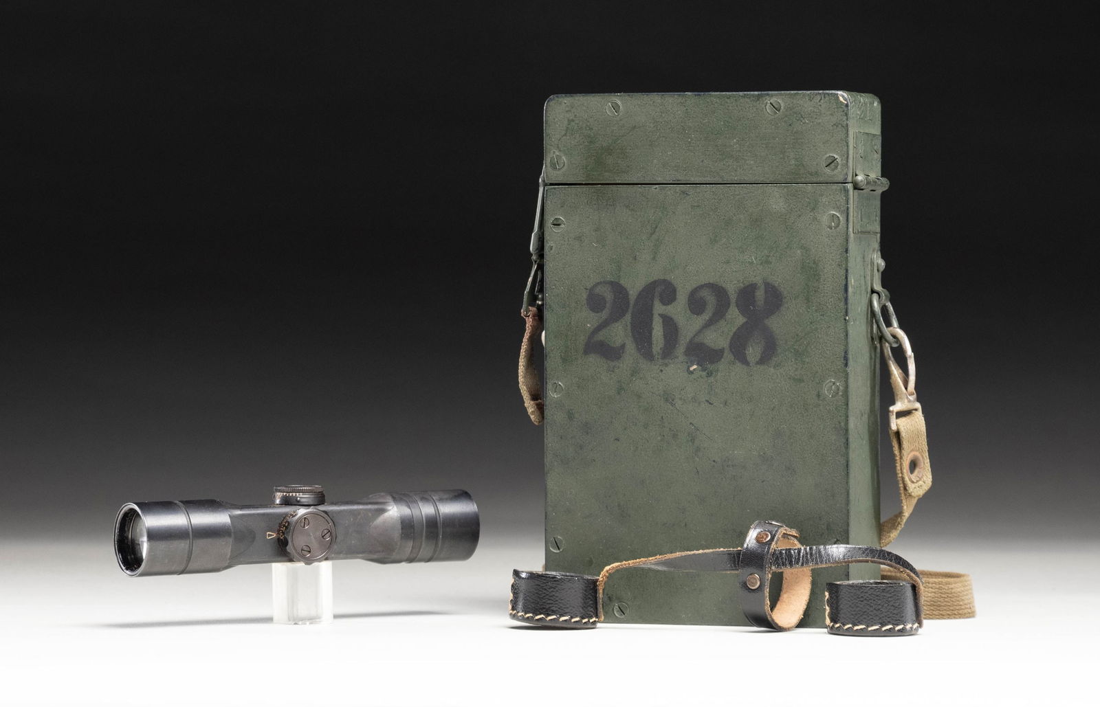 WW2 GERMAN ZF4 SCOPE WITH CASE.: ddx coded ZF4 scope numbered "2268" with wooden carrying case numbered "2628". Case appears to be repro or perhaps a restored original with newer paint, interior & markings. Canvas strap is present on