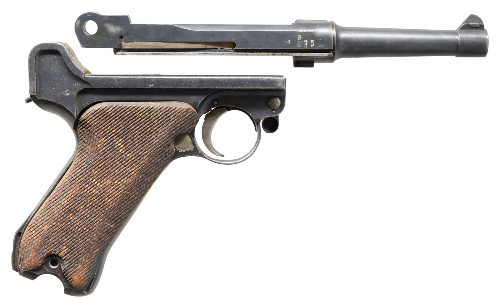 GERMAN WORLD WAR I ERFURT "1917" DATE P.08 LUGER: FRAME & PARTS. Cal. 9mm Luger. S# 8795c. Bbl. 4". P.08 Luger semi-automatic frame and parts originally mfg. by Erfurt in 1917 for the Imperial German military. The top of the bbl. extension is marked