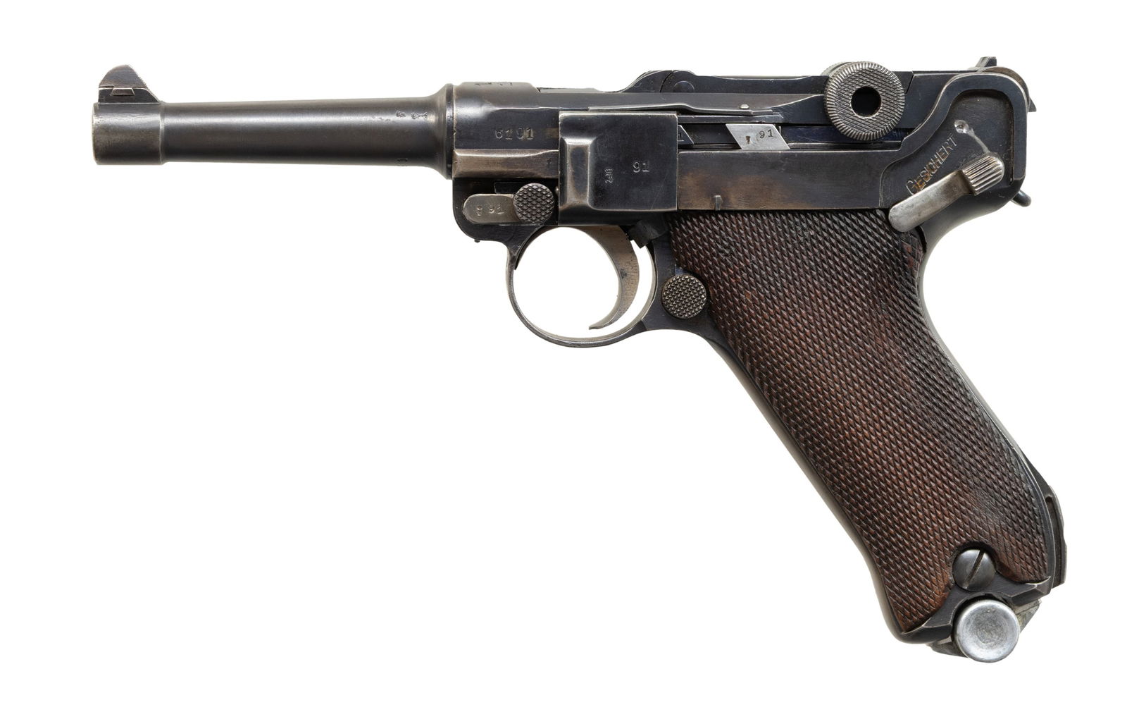 WEIMAR ERA ERFURT "1920/1917" DOUBLE DATE P.08: POLICE LUGER SEMI-AUTOMATIC PISTOL WITH INTACT WALTHER SAFETY. Cal. 9x19mm. S# 6191h. Bbl. 3 15/16". P.08 Luger semi-automatic pistol originally mfg. in 1917 and subsequently retained after World War