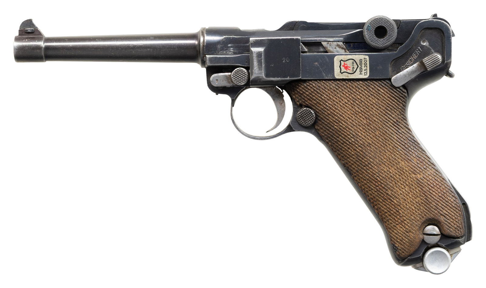 UNUSUAL ERFURT MODEL 1920 COMMERCIAL LUGER: SEMI-AUTOMATIC PISTOL WITH FINNISH STICKER. Cal. 30 Luger. S# 3020. Bbl. 4 3/4". Model 1920 Commercial Luger mfg. by an unknown firm. During the early post-WWI era, DWM and many smaller firms created