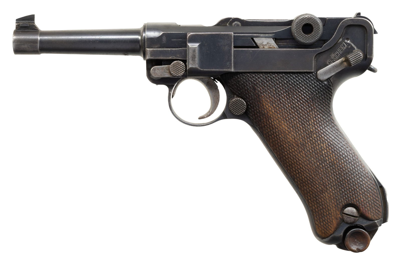RARE FINNISH M/23 LUGER SEMI-AUTOMATIC PISTOL.: Cal. 30 Luger. S# 5774r. Bbl. 3 3/4". Looking to update their current military sidearm and being unsatisfied with the domestically designed Ahlberg pistol, the Finnish Ministry of Defense went to DWM