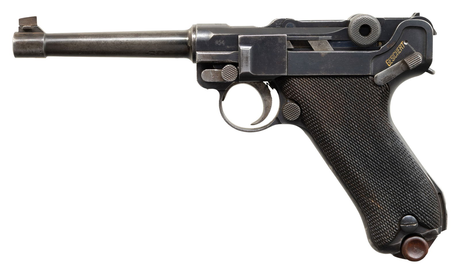 RARE DWM FINNISH M/23 LUGER SEMI-AUTOMATIC PISTOL.: Cal. 30 Luger. S# 834e. Bbl. 4 3/4". Looking to update their current military sidearm and being unsatisfied with the domestically designed Ahlberg pistol, the Finnish Ministry of Defense went to DWM