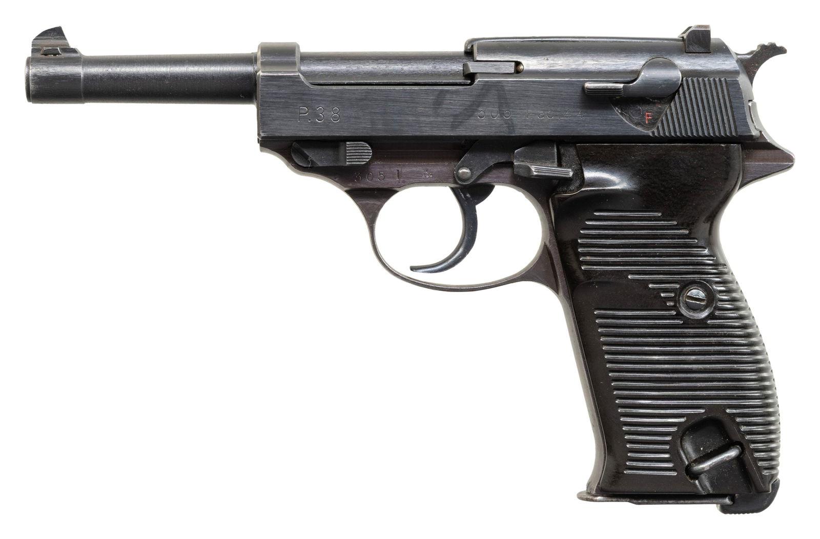 NICE GERMAN WWII WALTHER "AC 44" CODE P.38: SEMI-AUTOMATIC PISTOL. Cal. 9mm Luger. S# 305L. Bbl. 4 7/8". P.38 semi-automatic pistol mfg. by Walther in 1944. Left side of the slide is marked "P.38", followed by the S#, as well as Walther's mfg.
