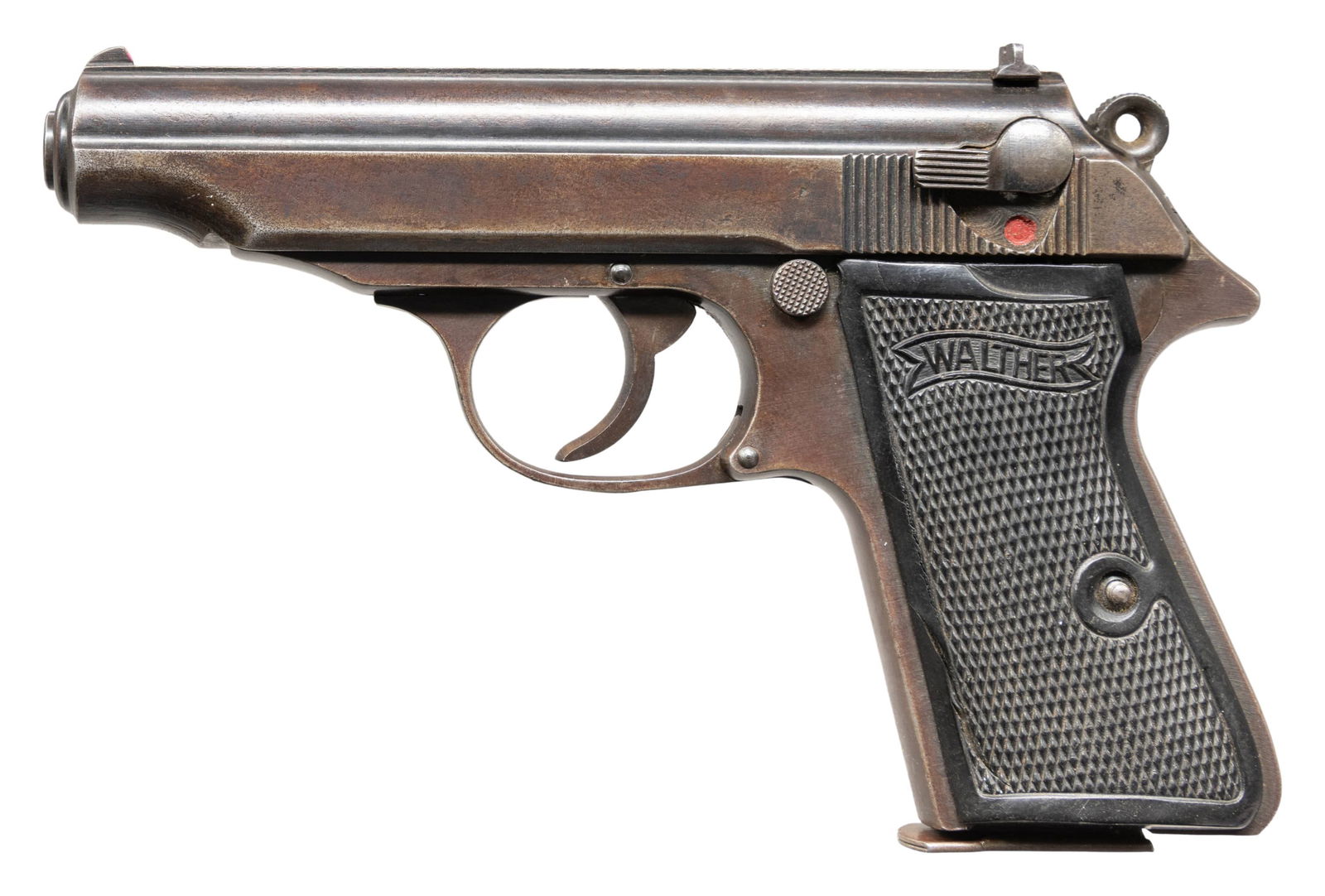 LATE WAR GERMAN WWII WALTHER "AC" CODE MODEL PP: SEMI-AUTOMATIC PISTOL. Cal. 7.65mm. S# 390212p. Bbl. 3 13/16". Model PP semi-automatic pistol mfg. during the latter end of World War II. These "ac" coded PP pistols were hastily assembled by unskille