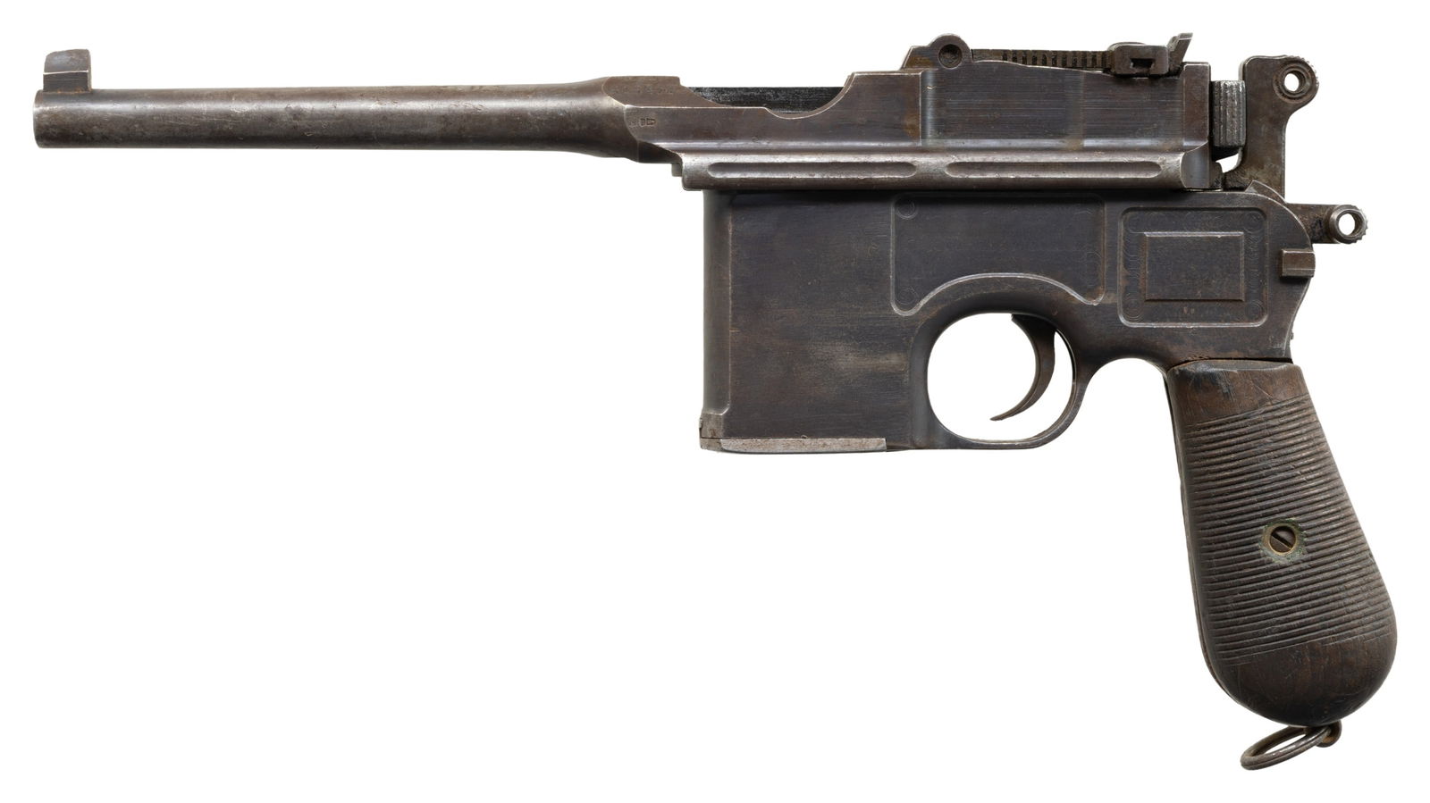 MAUSER C96 BROOMHANDLE SEMI-AUTOMATIC PISTOL.: Cal. 7.63mm. S# 308572. Bbl. 5 1/2". C96 Broomhandle semi-automatic pistol mfg. by Mauser. Top flat of the faceted breech is marked with Mauser's 3-line address, with the S# "219400" marked on the
