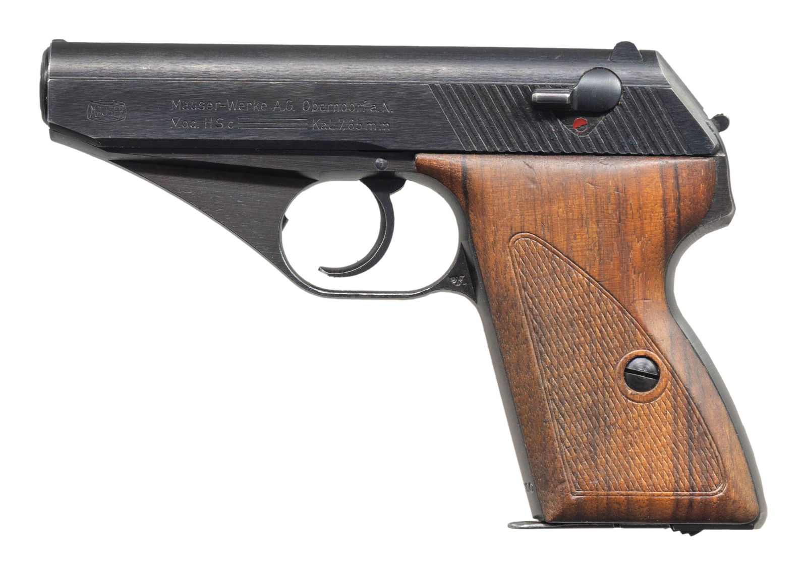 NICE POLICE MARKED MAUSER MODEL HSC SEMI-AUTOMATIC: PISTOL WITH HOLSTER. Cal. 7.65mm. S# 908200. Bbl. 3 5/16". HSc semi-automatic pistol mfg. by Mauser for police use. Left side of the slide is marked with the Mauser banner logo, followed by "Mauser-We