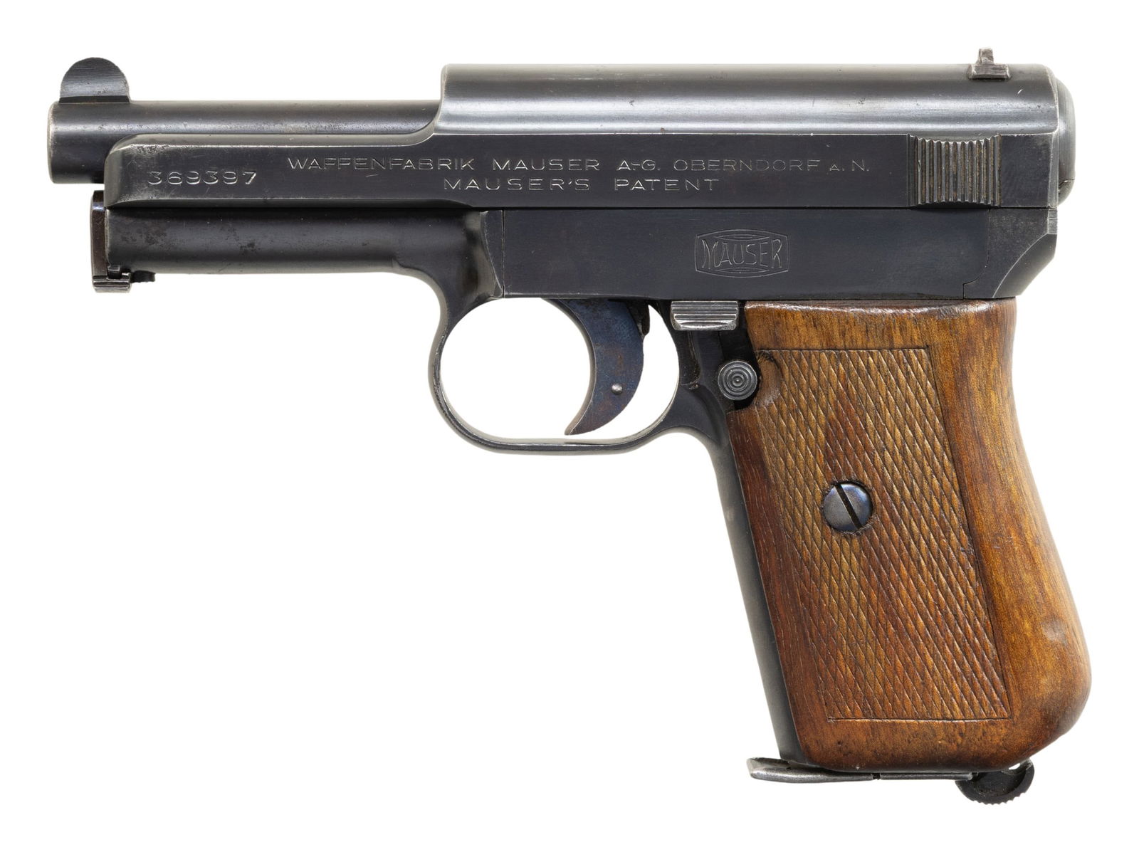 MAUSER MODEL 1914 SEMI-AUTOMATIC PISTOL.: Cal. 7.65mm. S# 369397. Bbl. 3 7/16". Model 1914 semi-automatic pistol mfg. by Mauser. Left side of the slide is marked with the S#, followed by "WAFFENFABRIK MAUSER A.-G. OBERNDORF A.N./ MASUER'S