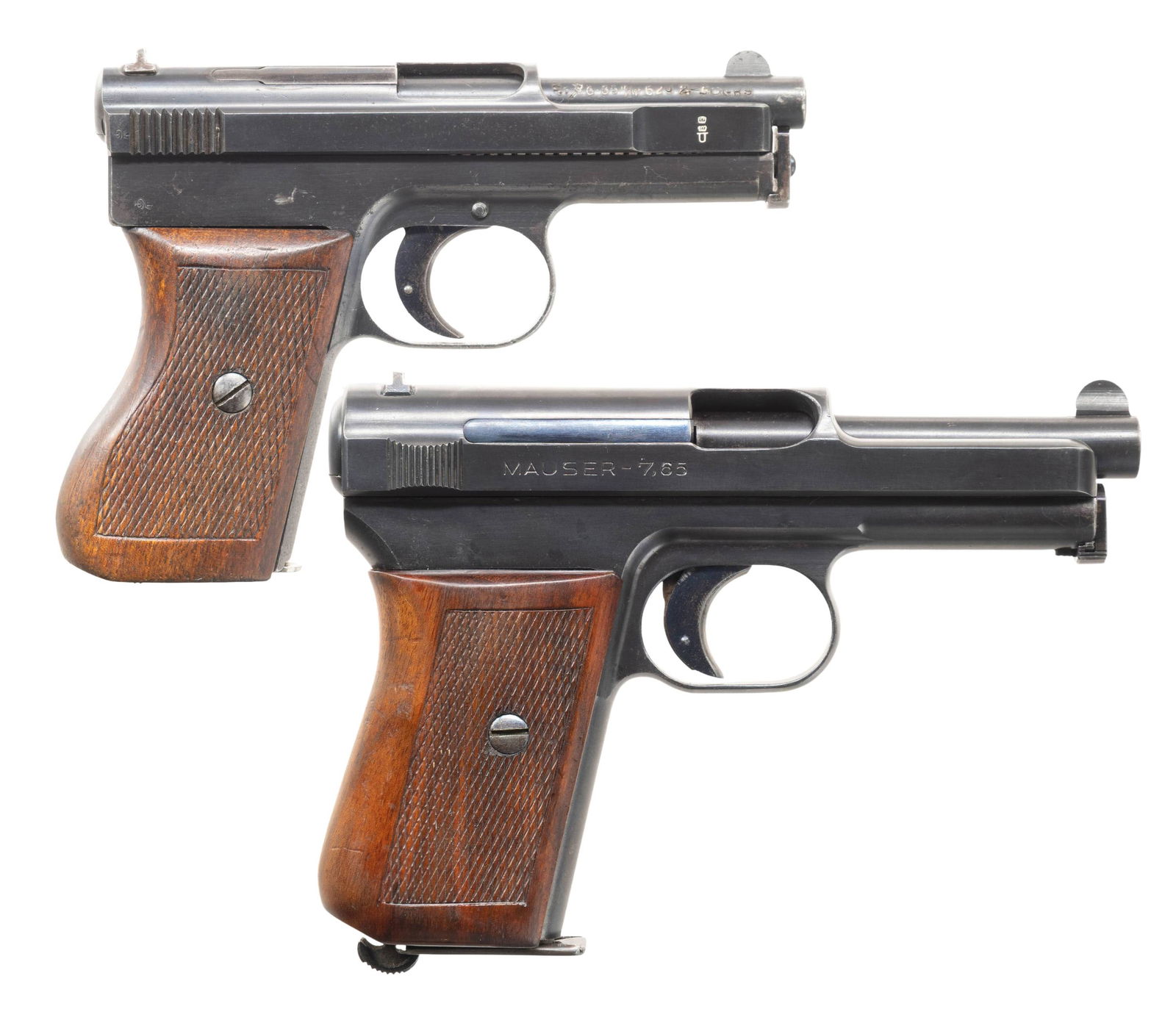 LOT OF 2 MAUSER MODEL 1910 SIDE LATCH & 1914: SEMI-AUTOMATIC PISTOLS. 1) MAUSER MODEL 1914 SEMI-AUTOMATIC PISTOL. Cal. 7.65mm S# 277638. Bbl. 3 3/8". Model 1914 semi-automatic pistol mfg. by Mauser. Left side of the slide is marked with the S#,