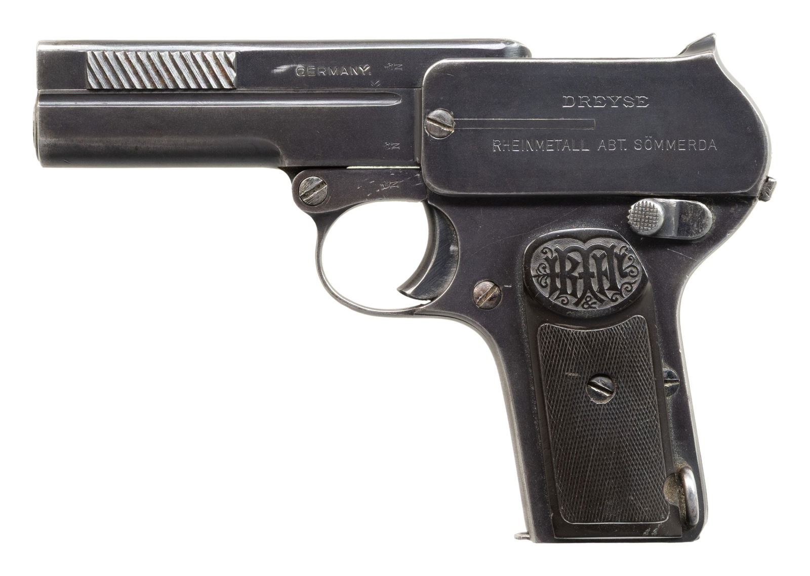 DREYSE MODEL 1907 SEMI-AUTOMATIC PISTOL.: Cal. 7.65mm. S# 240645. Bbl. 3 5/8". Model 1907 semi-automatic pistol mfg. by Dreyse. Left side of the upper assembly is marked "DREYSE/ RHEINMETALL ABT. SOMMERDA". Left side of the frame, upper