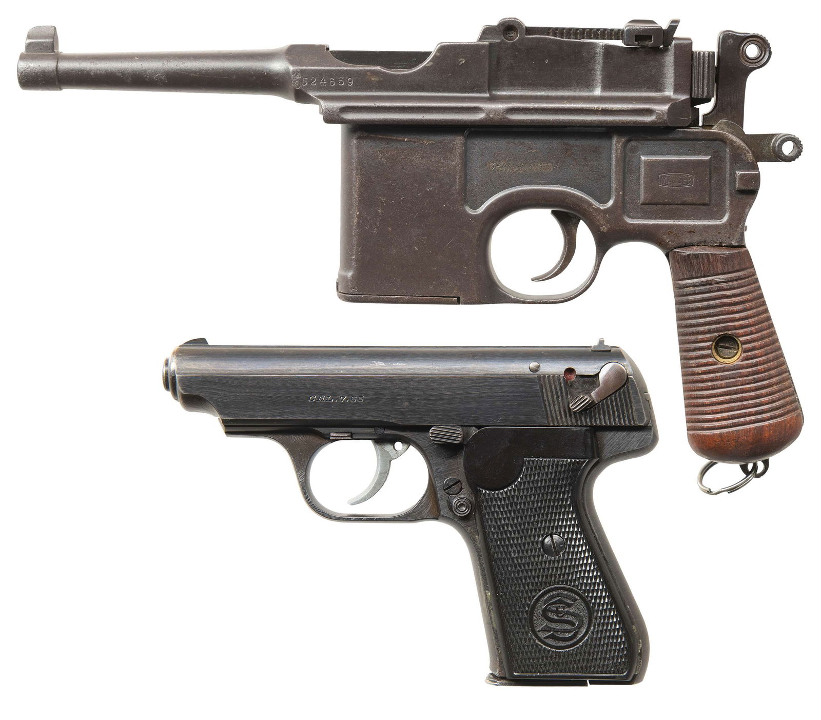 LOT OF 2 MAUSER C96 BOLO & J.P. SAUER MODEL 38H: SEMI-AUTOMATIC PISTOLS. 1) CHINESE MARKED MAUSER C96 BOLO SEMI-AUTOMATIC PISTOL. Cal. 7.63mm. S# 524659. Bbl. 3 15/16". C96 Bolo semi-automatic pistol mfg. by Mauser. Top flat of the faceted chamber