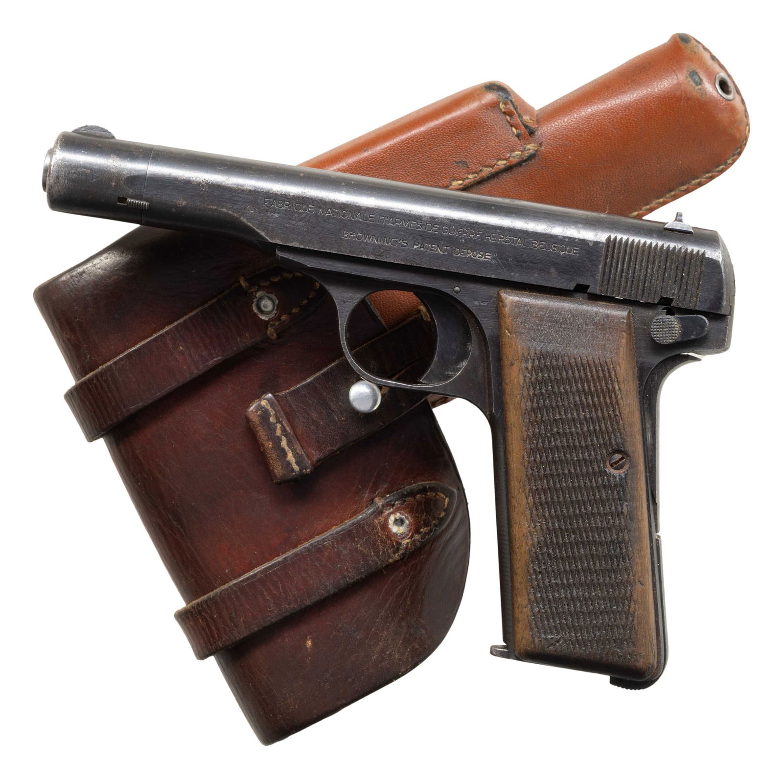 GERMAN OCCUPATION FABRIQUE NATIONALE MODEL 1922: SEMI-AUTOMATIC PISTOL WITH HOLSTER. Cal. 7.65mm. S# 32974C. Bbl. 4 7/16". Model 1922 semi-automatic pistol mfg. by Fabrique Nationale while under German occupation between January to August of 1944.