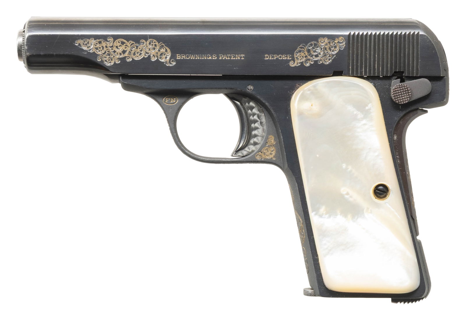 ATTRACTIVE CUSTOM ENGRAVED FABRIQUE NATIONALE: MODEL 1910 SEMI-AUTOMATIC PISTOL. Cal. 7.65mm. S# 253001. Bbl. 3 7/16". Model 1910 semi-automatic pistol mfg. in Belgium by Fabrique Nationale. Left side of the slide is simply marked "BROWNING'S