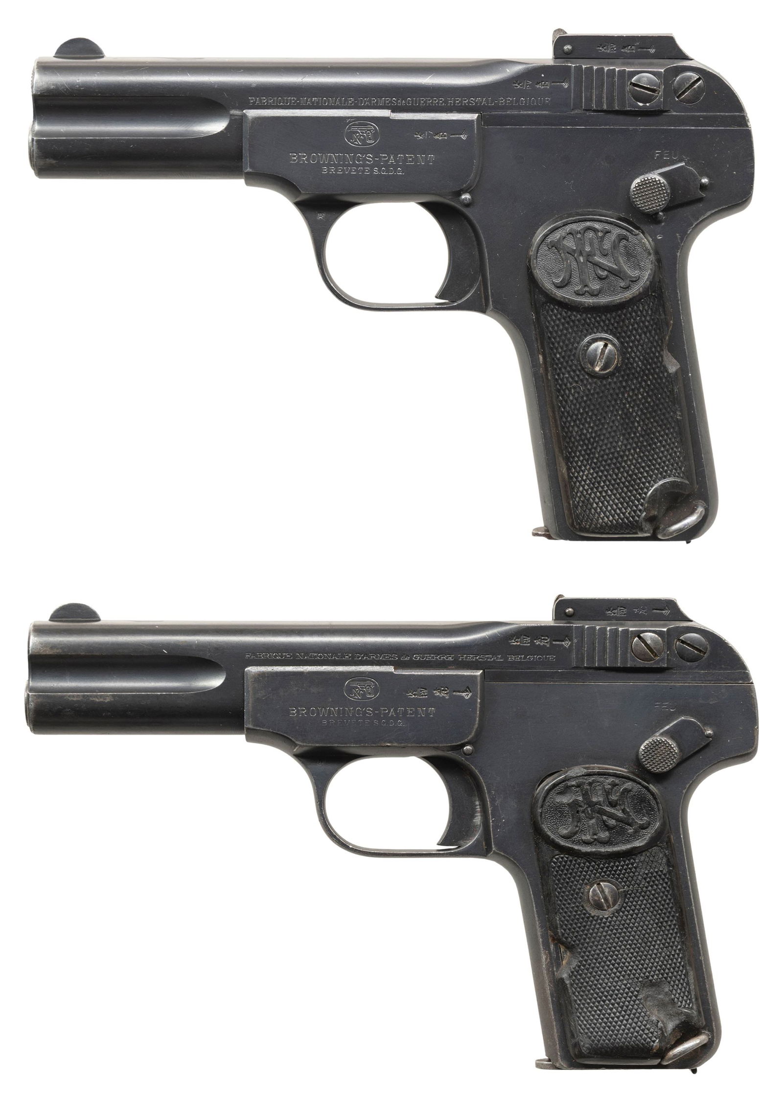 LOT OF 2 FABRIQUE NATIONALE MODEL 1900: SEMI-AUTOMATIC PISTOLS. 1) Cal. 7.65mm. S# 571251. Bbl. 4". Model 1907 semi-automatic pistol mfg. by Fabrique Nationale. Left side of the slide is marked