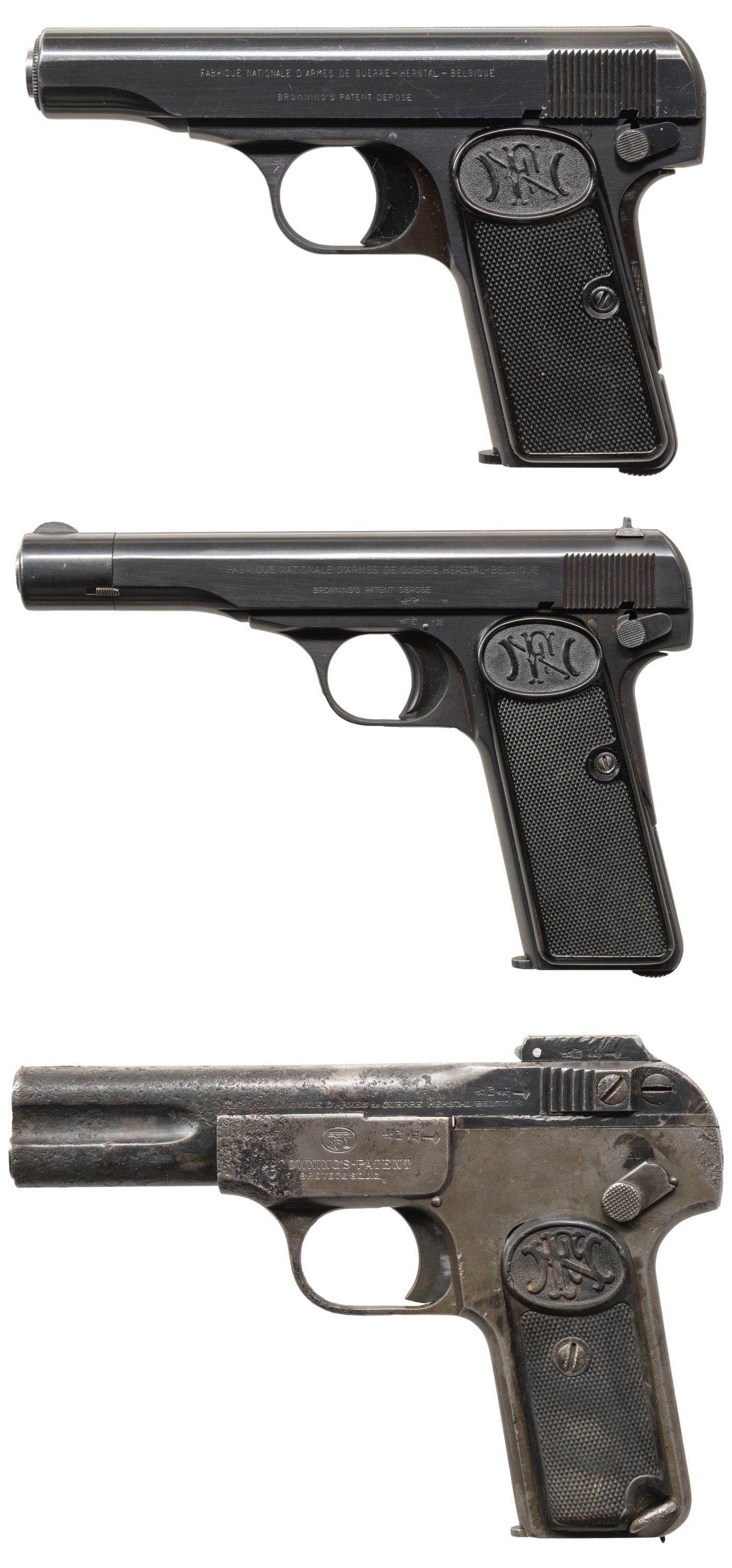 LOT OF 3 FABRIQUE NATIONALE SEMI-AUTOMATIC: PISTOLS. 1) POST-WAR GERMAN POLICE UNIT MARKED FABRIQUE NATIONALE MODEL 1922 SEMI-AUTOMATIC PISTOL. Cal. 7.65mm. S# 155477. Bbl. 4 3/8". Model 1922 semi-automatic pistol mfg. by Fabrique Nationale