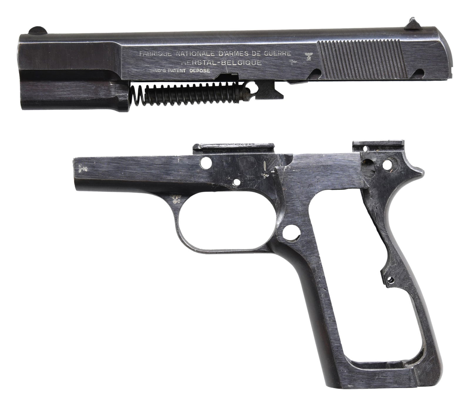 GERMAN OCCUPATION FABRIQUE NATIONALE HIGH POWER: FRAME, SLIDE, & BARREL. Cal. 9mm Luger. S# 935b. Bbl. 4 5/8". High Power semi-automatic pistol frame, slide, and bbl. mfg. by Fabrique Nationale while under German occupation. The left side of the