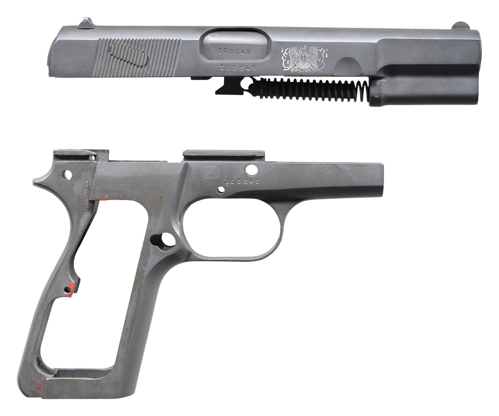 FABRIQUE NATIONALE HIGH POWER SEMI-AUTOMATIC: PISTOL FRAME, SLIDE, & BARREL. Cal. 9mm Luger. S# 105845. Bbl. 4 5/8". High Power semi-automatic pistol frame, slide, and bbl. mfg. by Fabrique Nationale. The left side of the slide is marked "FABRIQU