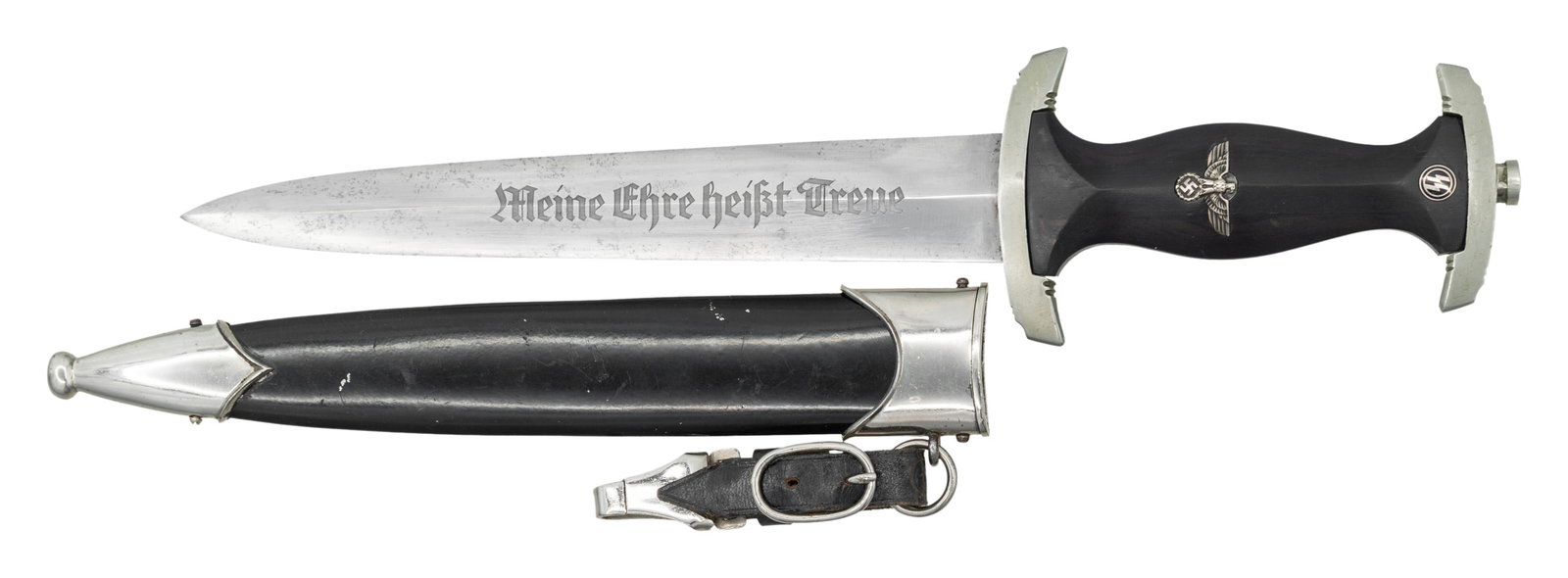 FINE WWII GERMAN SS DAGGER BY EICKHORN DATED 1936.: A beautiful fine condition WWII German SS dagger measuring 15 1/4' overall with an etched blade that reads "Meine Ehre Heisst Treue". The blade is marked " RZM 941/36/SS " & " CARL EICKHORN (logo)