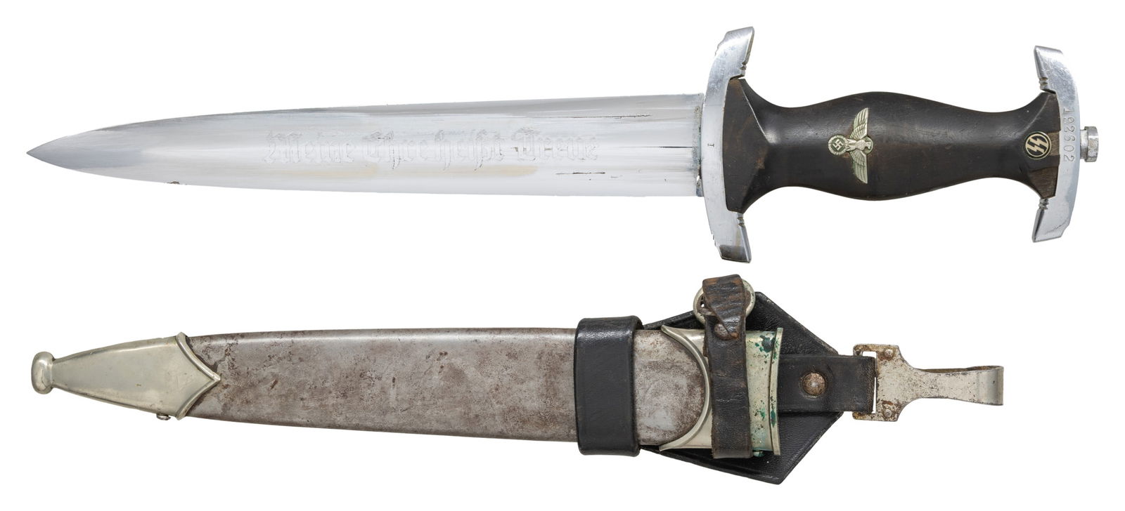 WWII GERMAN M1933 SS DAGGER BY BOKER.: A good honest example of a WWII German M1933 SS dagger measuring 14 3/4" overall, The blade is engraved " Meine Ehre Heisst Treue ", and the reverse is marked "BOKER . SOLINGEN .". The plated