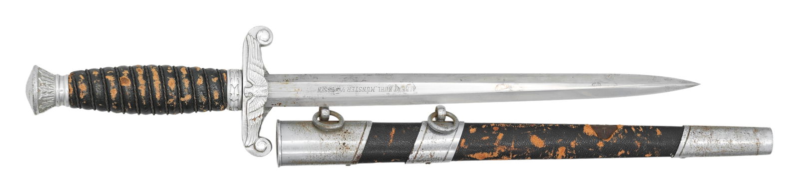 SCARCE WWII GERMAN LAND CUSTOMS DAGGER BY ALCOSO.: A rare example of a WWII German Land Customs dagger measuring 16 1/4" overall with a plain blade marked "ALCOSO (logo) SOLINGEN" on one side and "ALBERT KUHL, MUNSTER I/W. ESSEN" on the other.