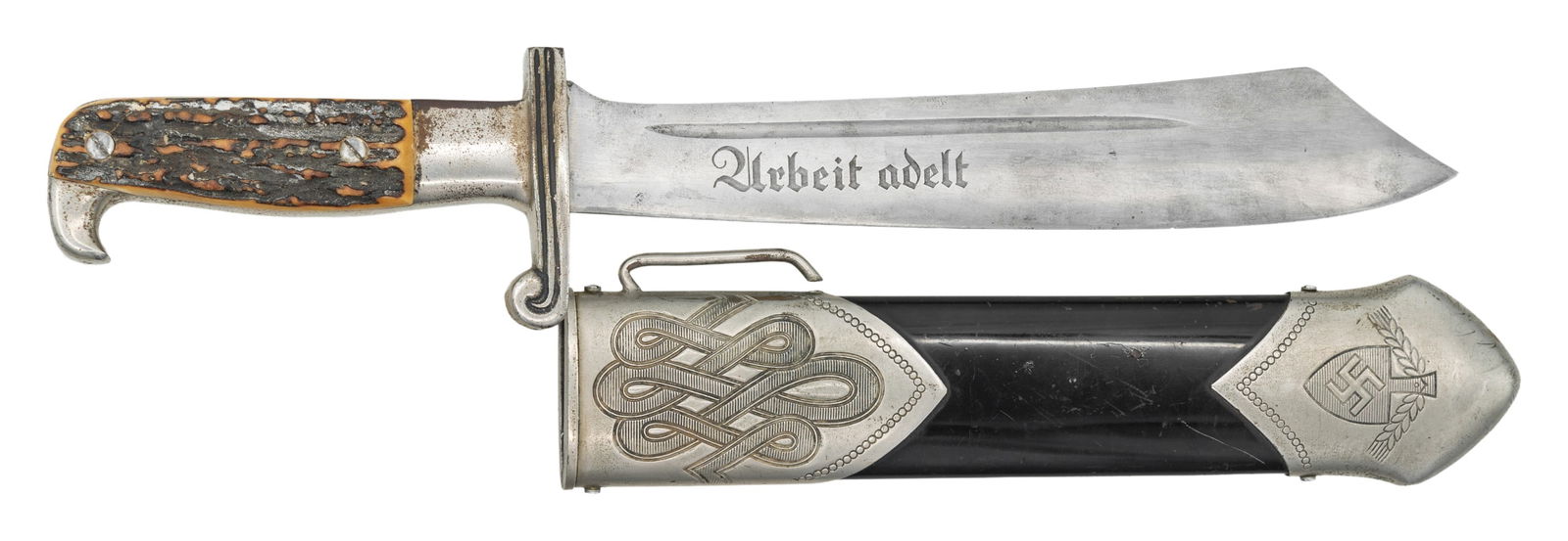 WWII GERMAN ENLISTED RAD HEWER BY KREBS.: A nice example of a WWII German RAD hewer measuring 15 7/8" overall with a blade that is etched "Arbeit adelt" and marked "CARL JUL KREBS (logo) SOLINGEN 1137". & "RJAD GES. GESCH.". Plated hilt with