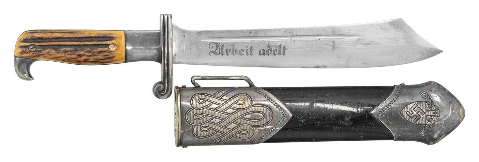 WWII GERMAN RAD HEWER BY SOLINGEN.: A nice example of a WWII German RAD hewer measuring 15 7/8" overall with a blade that is etched "Arbeit adelt" and marked "CARL EICKHORN (logo) SOLINGEN". Plated hilt with an eagle head effigy pommel