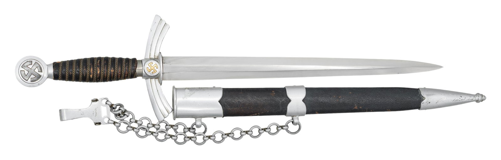 1ST MODEL LUFTWAFFE DAGGER BY ANTON WINGEN JR.: A good example of a WWII German 1st model Luftwaffe dagger measuring 19 1/4" overall with a plain blade marked "A. W, JR (logo) SOLINGEN". Aluminum disk shaped pommel and crossguard both display