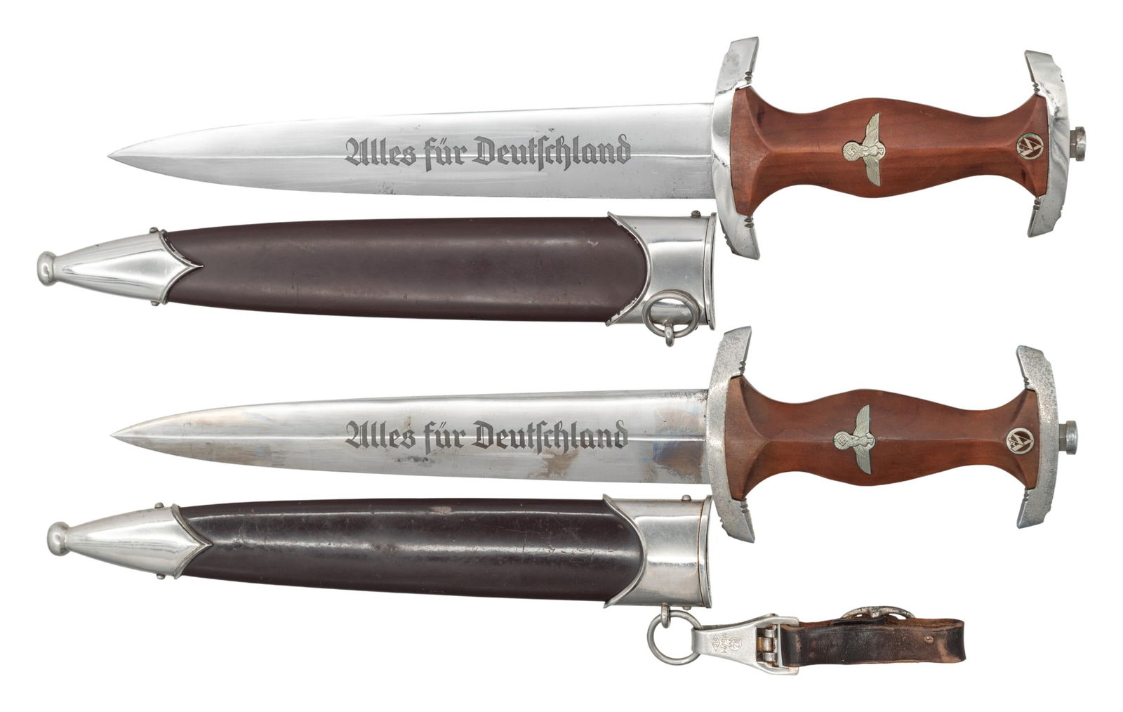 2 WWII GERMAN SA DAGGERS.: 1) A nice example of a WWII German SA dagger measuring 15" overall with a blade etched "Alles fur Deutschland". The blade is marked on the reverse " RZM M7/37 " which is the RZM code for Robert Klass