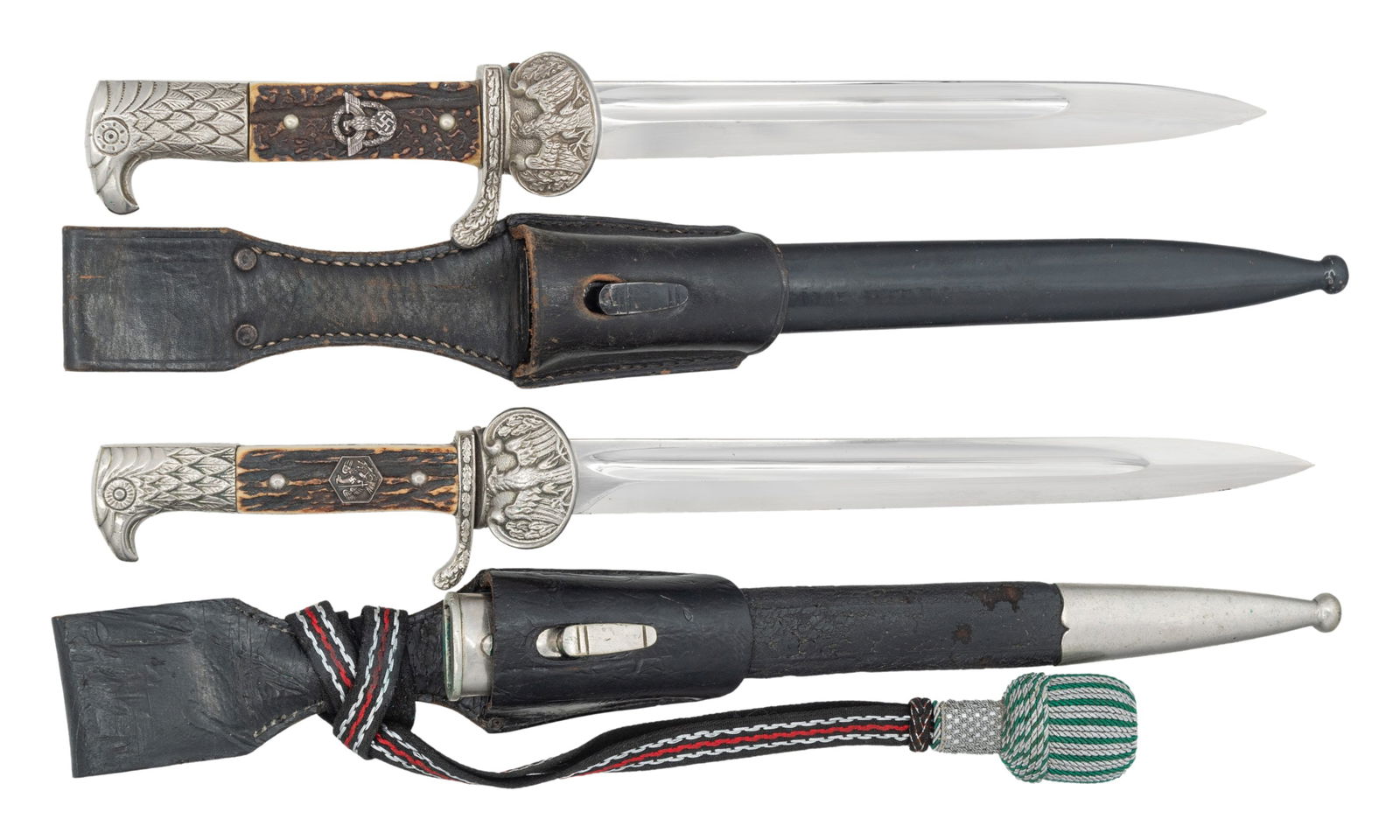 2 WEIMAR REPUBLIC GERMAN POLICE DRESS BAYONETS.: 1) A Weimar Republic period German police dress bayonet measuring 16 1/4" overall with a plain single fullered 9 3/4" blade marked "CLEMEN & JUNG SOLINGEN (logo)". Oak Leaf decorated crossguard with a