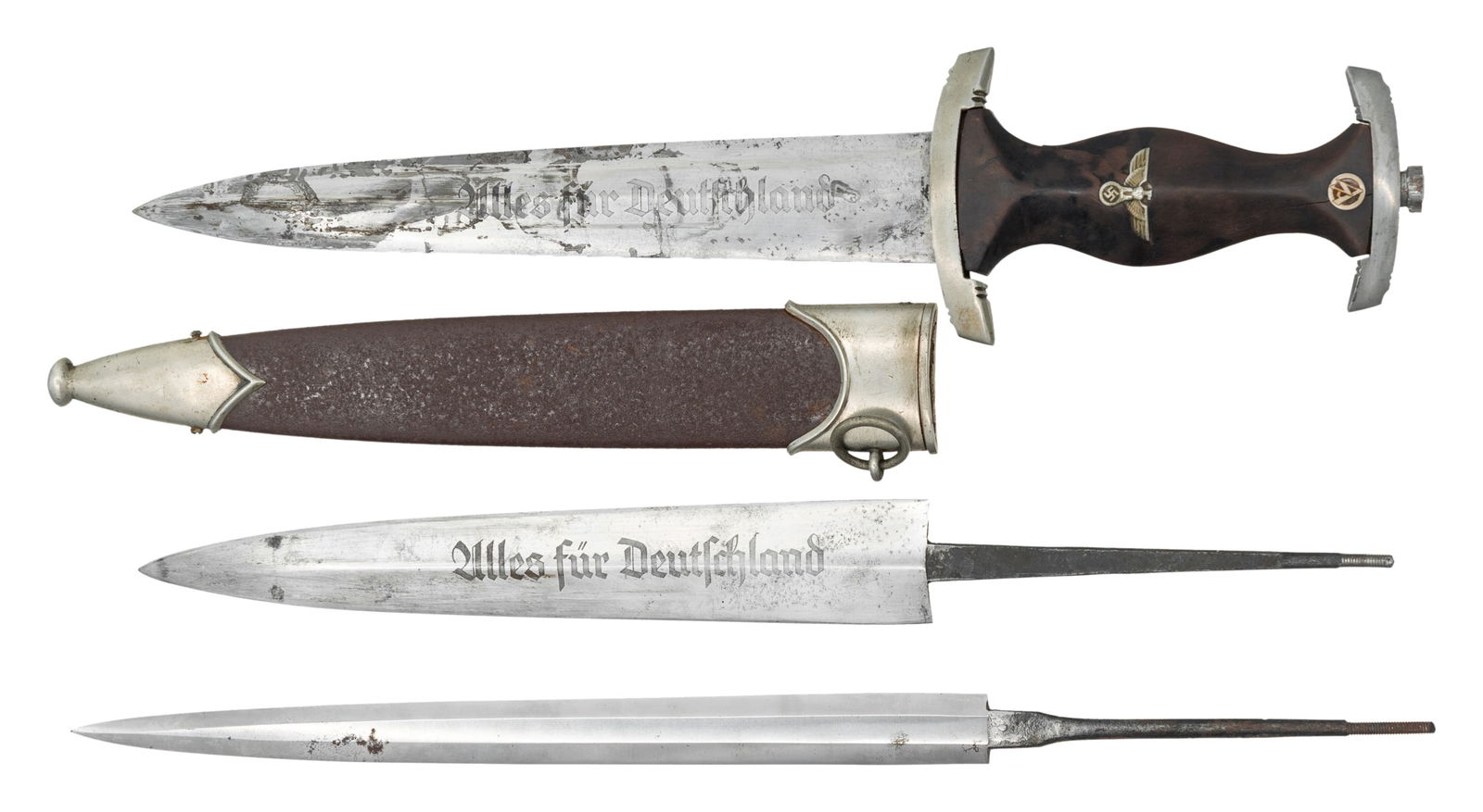 1 WWII GERMAN SA DAGGER & 2 DAGGER BLADES.: 1) WWII German SA dagger measuring 14 5/8" overall with a blade etched " Alles fur Deutschland " and marked " (logo) F.DICK SOLINGEN ". Nickel silver crossguard stamped " Sw " for SA group Sudwest wit