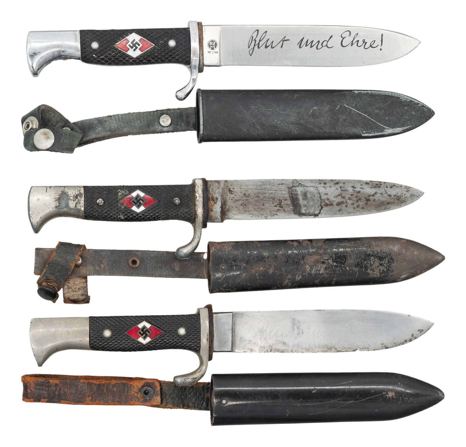 3 WWII GERMAN HJ SIDE KNIVES.: 1) WWII German HJ side knife measuring 10 1/4" overall with a blade etched "Blut und Ehre !" and marked "RICH. ABR. HERDER SOLINGEN" & "RZM M7/18 1938". Plated hilt with stylized bird's head pommel. 2