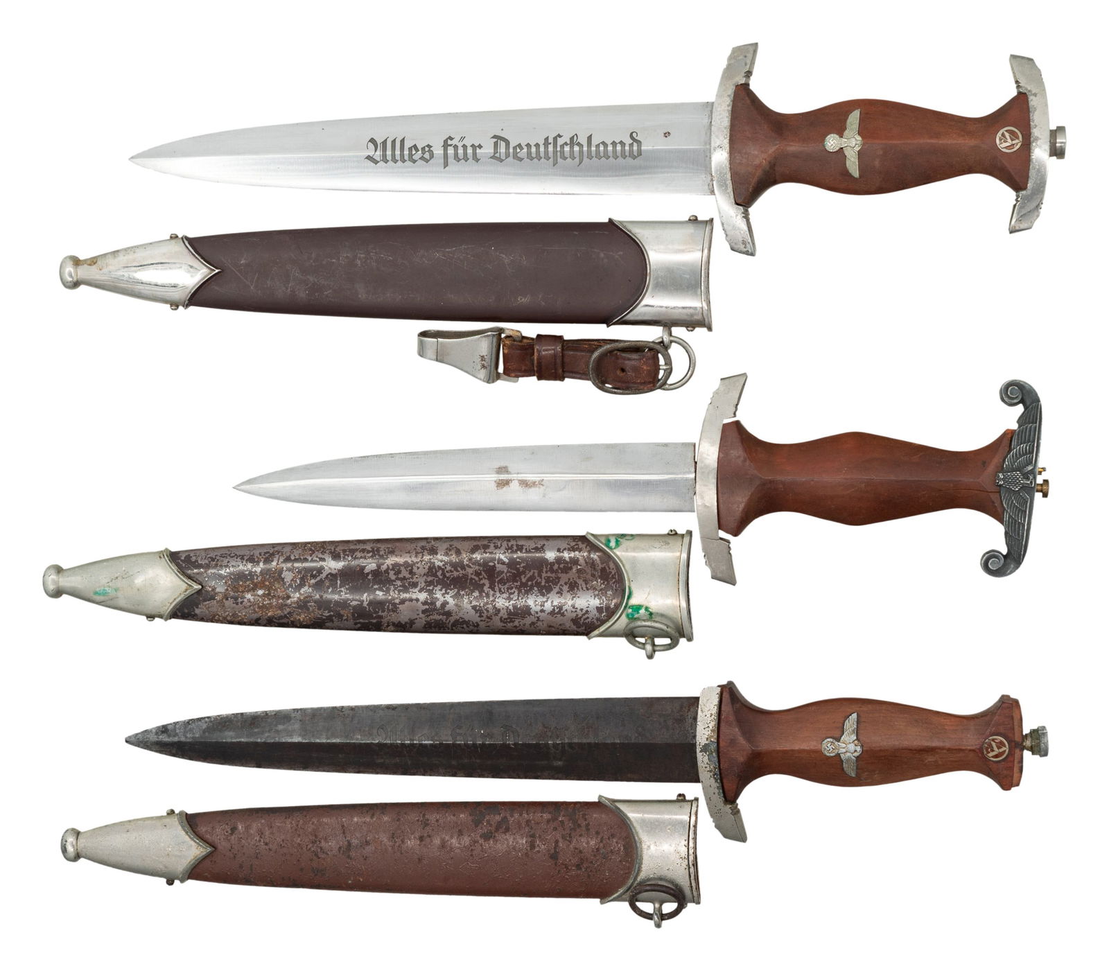 1 WWII GERMAN SA DAGGER AND 2 PARTIAL DAGGERS.: 1) WWII German SA dagger measuring 14 3/4" overall with a blade that is etched "Alles fur Deutschland" and is marked "RZM M7/9" which indicates manufacture by Solinger Metallwarenfabrik GmBH of Stoeck