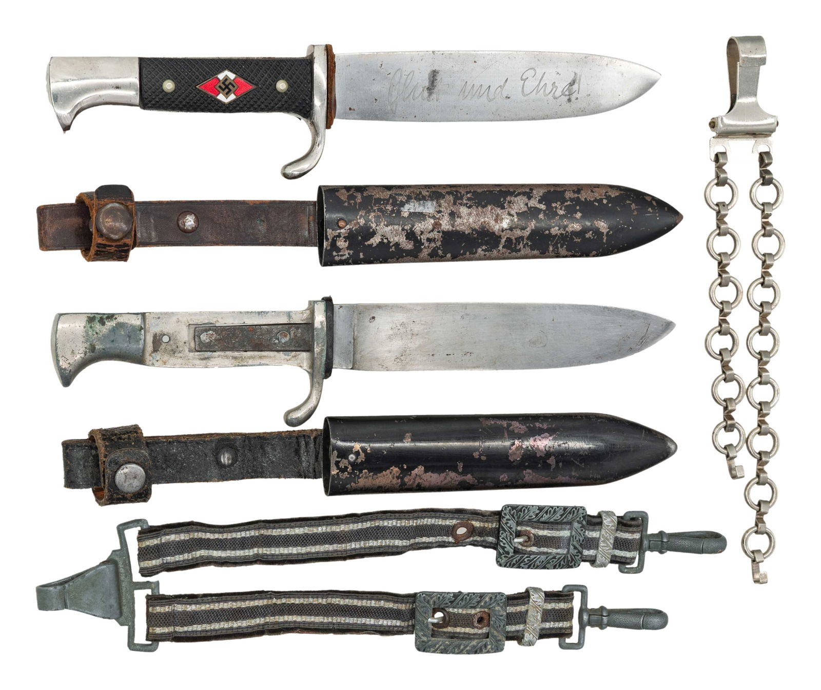 2 WWII GERMAN HJ KNIVES AND 2 DAGGER HANGERS.: 1) A good early WWII German HJ knife measuring 10 1/4" overall with a blade etched "Blut und Ehre". and markings that read "A. W. JR (logo) SOLINGEN GES. GESCHUTZT". Plated hilt with bird head pommel