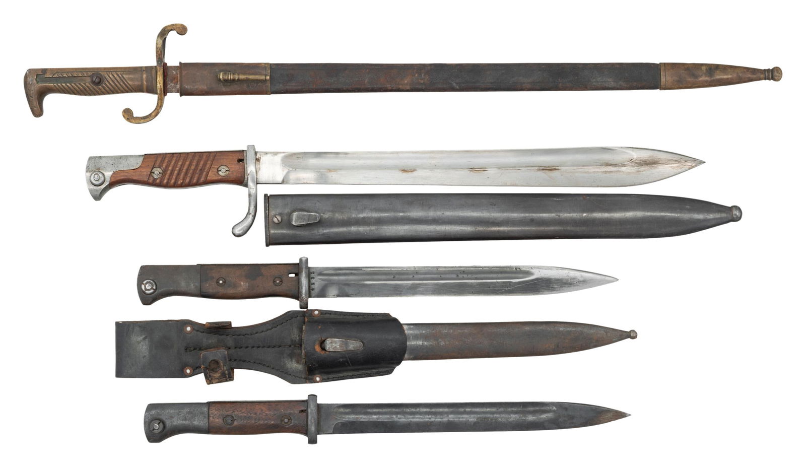 LOT OF 4 GERMAN BAYONETS.: This lot consists of the following: 1) German 1871 Mauser Bayonet. Brass handles. Scabbard present. CONDITON: scabbard is stuck on & unable to see blade markings or condition. What is visible of
