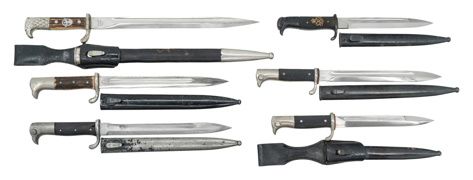 LOT OF SIX GERMAN DRESS BAYONETS.: This lot consists of the following: 1) Alex Coppel German Dress Bayonet. One side of blade has scale logo & other Alex Coppel name & logo. Pommel & crossguard have leaf engraving. Bone grips with