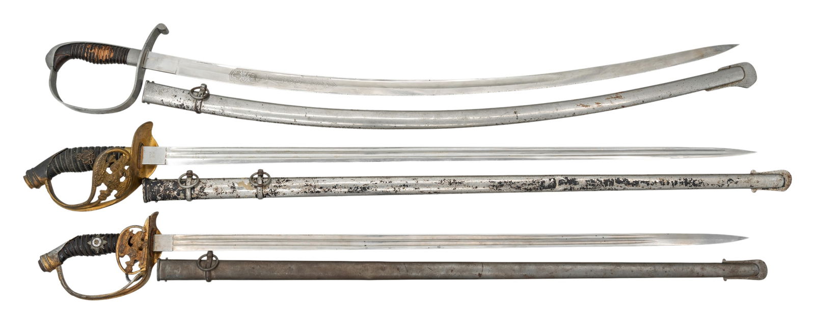 3 IMPERIAL GERMAN SWORDS.: 1) Imperial German officer's sword measuring 41 1/2" overall with a plain double fullered blade marked "(logo) W. K. & C.". Gilded brass hilt with a cutout Prussian eagle in the non-folding guard.