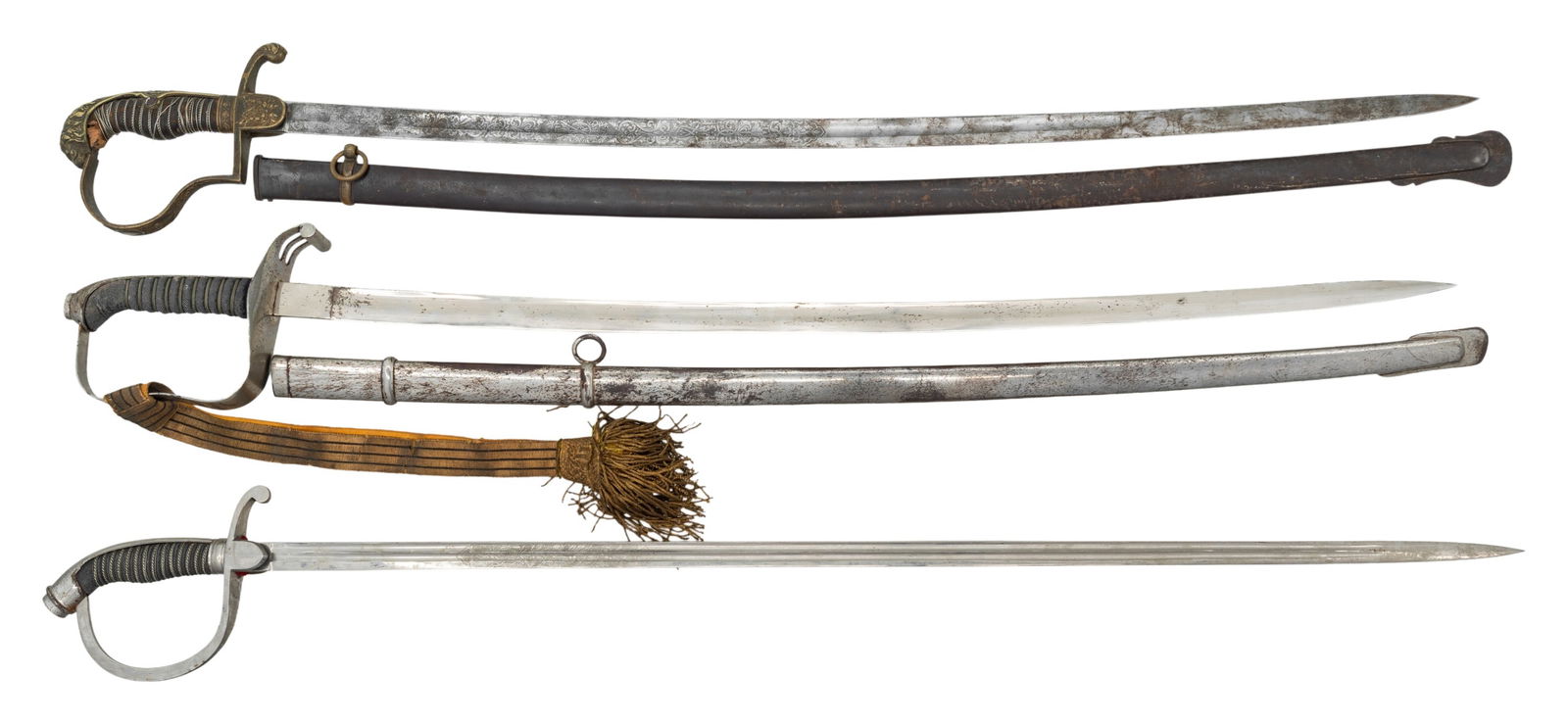 3 LATE 19TH TO EARLY 20TH CENTURY GERMANIC SWORDS.: 1) Bavarian officer's sword measuring 38 1/2" overall with an etched double fullered blade marked "(logo) W. K. & C." at the ricasso and "JOS. VIERHEILIGS NACHE" on the spine. The etcheing on the