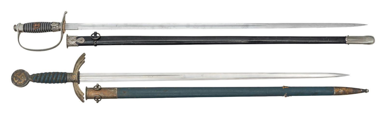 WWII GERMAN LUFTWAFFE SWORD AND POLICE SWORD: 1) A nice example of a WWII German Luftwaffe officer"s sword measuring 36 1/2" overall with a plain blade marked "(logo) SMF SOLINGEN" and a small Waffenamt above the mark. Plated crossguard and