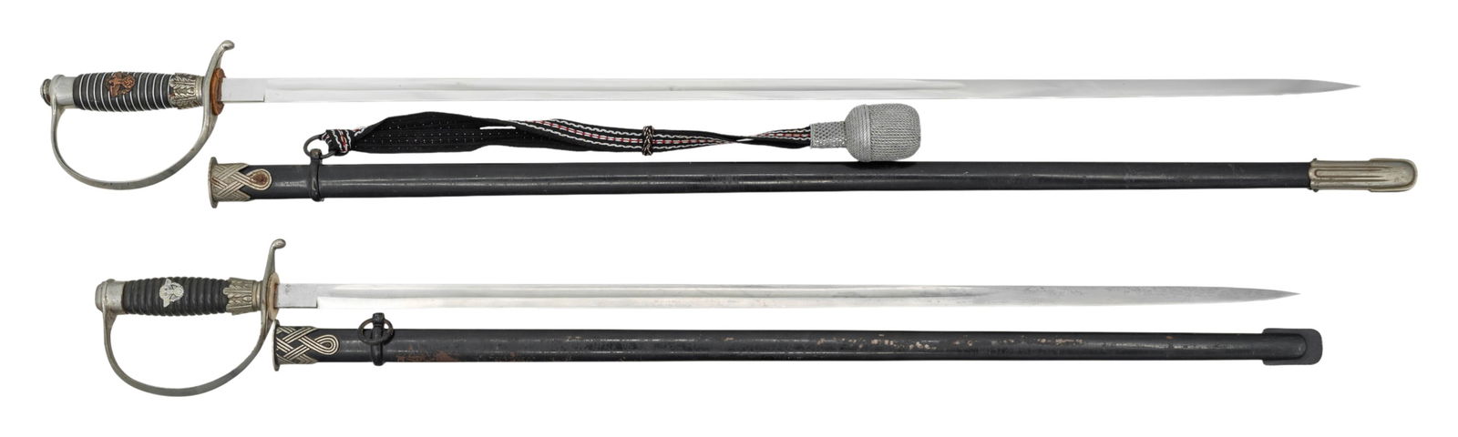 2 WWII GERMAN POLICE SWORDS.: 1) A nice WWII German Police sword measuring 35 3/8" overall with a plain blade marked "ORIGINAL (logo) Eickhorn SOLINGEN". Plated hilt with vertical oak leaf ferrule and a composite grip with no