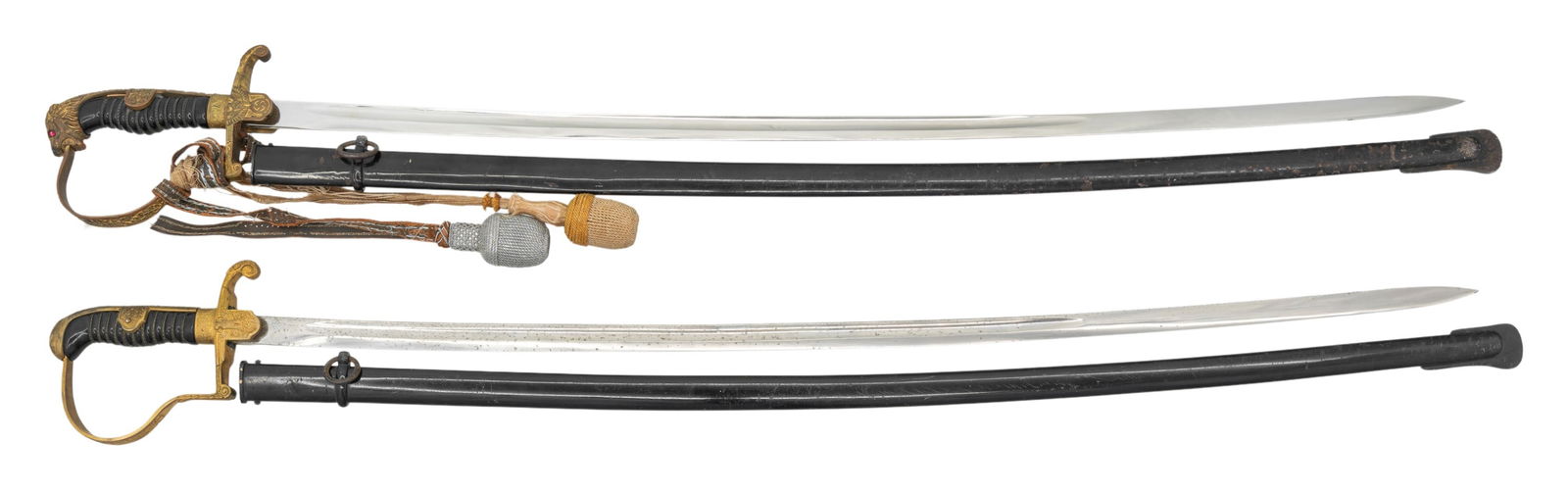 2 WWII GERMAN OFFICER'S SWORDS.: 1) WWII German Army officer's sword measuring 38 5/8" overall with a plain blade marked "(logo) E. PACK & SOHNE SOLINGEN". Gilded brass hilt with reverse P knuckle bow and dove head pommel. There is
