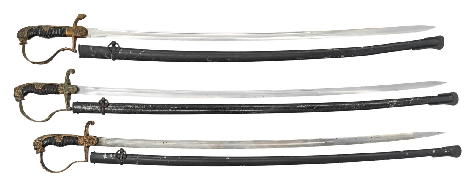 3 WWI & WWII GERMAN SWORDS.: 1) WWII German Army officer's sword measuring 40 1/4" overall with a plain blade marked "Siegfried ERNST PACK & SOHNE M.B.H. WAFFENFABRIK (logo) SOLINGEN WAFFEN". Gilded brass hilt with reverse P